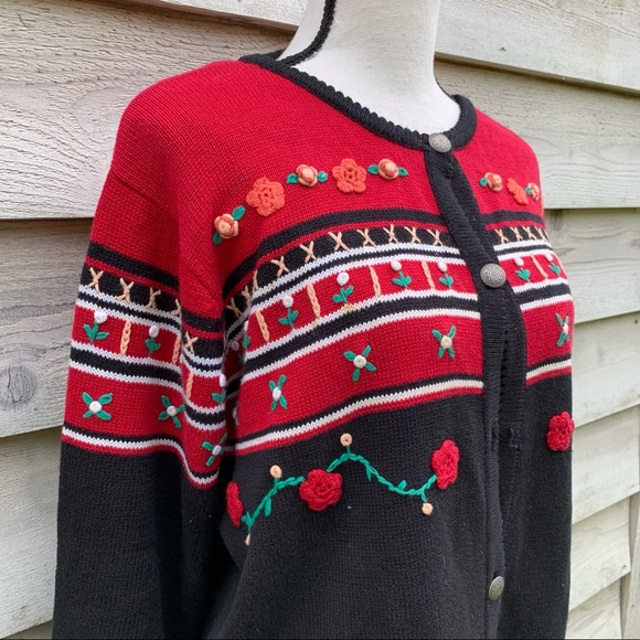 Vintage 90s Red and Black Striped Floral Crochet Crewneck Button Down Sweater - Picture 4 of 16